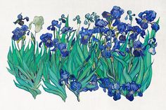 a painting of blue flowers and green leaves