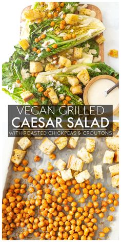 vegan grilled caesar salad with roasted chickpeas and croutons