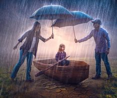 three people holding umbrellas while sitting on a boat in the rain with an image of two women