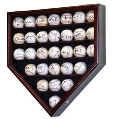 a baseball display case filled with signed baseballs