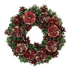 a christmas wreath with red flowers and green leaves on it, isolated against a white background