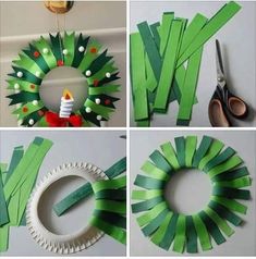 the process of making a christmas wreath out of strips of paper