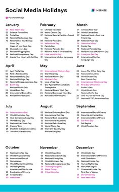 the social media holidays list for this year's events is shown in pink and blue