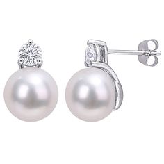 Add a lustrous touch to your favorite ensembles with these elegant cultured pearl and lab-created moissanite stud earrings. Add a lustrous touch to your favorite ensembles with these elegant cultured pearl and lab-created moissanite stud earrings. Metal: 14k white gold Backings: post Plating: rhodium Packaging: boxed Finish: polished Length: 10.5 mmSTONE DETAILS Stone type: lab-created moissanite Total weight: 4/5 ct. Shape: round Setting: prongCULTURED PEARL DETAILS Type: freshwater Size: 9.5 m Classic Pear-shaped Brilliant Cut Bridal Earrings, Classic Diamond Pearl Earrings With Elegant Design, Classic Bridal Earrings With Pear-shaped Diamond, Classic Pear-shaped Jewelry With Diamond Accents, Classic Pearl Earrings With Diamond, Classic Bridal Diamond Pear Earrings, Classic Pear-shaped Earrings With Diamond Accents, Classic Pear-shaped Bridal Earrings For Anniversary, Classic Pear Shaped Bridal Earrings