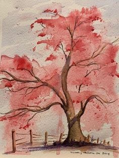 Sakura Tree Painting, Trees Watercolor Painting, Fireplace Painting, Anime Watercolor, Cherry Blossom Watercolor, Tree Watercolor Painting, Gift Painting, Professional Watercolor