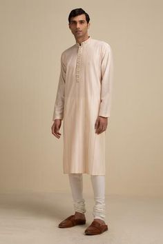 Shop for Philocaly Peach Silk Pintuck Kurta Set for Men Online at Aza Fashions Off White Churidar, Mehendi Wedding, White Churidar, Peach Fabric, Kurta Set For Men, Embroidered Neckline, A Perfect Day, Churidar, Kurta Set