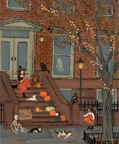 halloween scene with cats and pumpkins on the steps