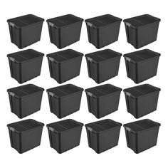 twelve black plastic storage bins with lids on each side and one in the middle