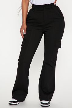 Available In Black. Flare Pants High Waist Cargo Pockets Zip Button Closure Belt Loops Stretch 71% Viscose 26% Polyester 3% Elastane Imported | Be About It Flare Cargo Pant in Black size Large by Fashion Nova Black Flare Pants, Black Flare, Run Bts, Cargo Pant, Flare Pants, Fitness Inspo, High Waisted Pants, World Of Fashion, Black Pants