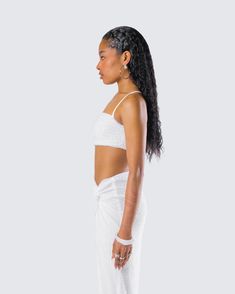 The perfect subtle yet classy top to dress up any look ✨ Made from bugle beads on mesh fabric and complete with a cropped and fitted style and adjustable straps - this piece is all you need to look like a million bucks 🤍 White Bando Top, Luxury White Strapless Tube Top, Trendy White Bandeau Top, White Beaded Crop Top, Feminine White Bandeau Top, Black Off Shoulder, Graphic Top, White Jersey, Bugle Beads