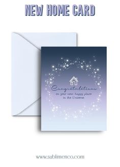 a new home card with the words congratulations on it, and an image of a house in