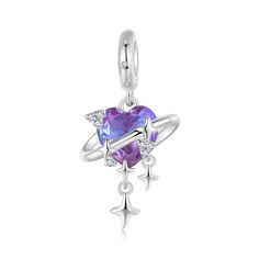 View our 925 sterling silver charm collection that will add an element of elegance to your pandora bracelet. Click to shop now!  https://www.etsy.com/shop/Hitye ❤️ Description ❤️ You will receive a Gradient Purple-pink Starry Pendant. The gradient purple-pink heart embodies endless romance and fantasy. Tourmaline represents passion and energy while the heart shape symbolizes sincere emotions and a commitment to love. The design of the starry sky makes one feel as if they are immersed in the vast Celestial Silver Charm Bracelet, Silver Star Charm, Rainbow Planet, Basic Bracelet, Charms Pandora, Rose Violette, Bracelet Pandora, Knot Studs, Star Earrings Stud