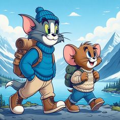 two cartoon characters are walking together in the snow, one is carrying a backpack and the other has a backpack on his back