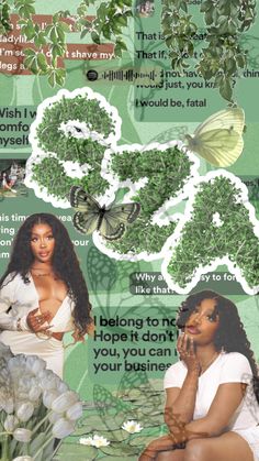 a collage of women with flowers and butterflies on them, including an image of the same woman