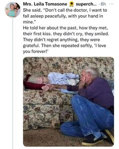 an older man sitting on top of a couch next to a woman