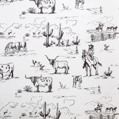 a black and white drawing of cattle in the desert