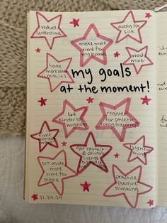 an open notebook with writing on it that says, my goals at the moment and stars