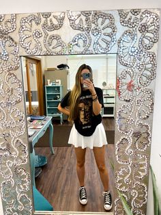 Black Shawn Mendes concert t-shirt, white Halara skirt, black high top Converse. Shawn Mendes Concert Outfit, Halara Skirts Outfits, High Top Shoes Outfit, Band Tshirt Outfit, Outfits With Converse High Tops, Black High Top Converse, Black High Tops, Casual Work Outfit, Outfits With Converse