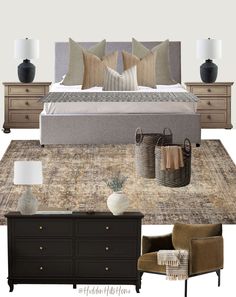 the bedroom is decorated in neutrals and browns