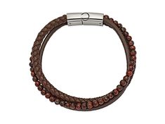 Stainless steel multi-strand brown leather bracelet with brown tiger's eye beads and polished finish magnetic clasp. Measures approximately 8 1/4"L x 9/16"W. Brown Leather Beaded Wrap Bracelet, Adjustable Brown Bracelet With Stainless Steel Clasp, Brown Beaded Leather Bracelets, Brown Leather Beaded Bracelets, Brown Leather Beaded Bracelets With Round Beads, Brown Tiger Eye, Ring Spacer, Brown Leather Bracelet, Stainless Steel Polish