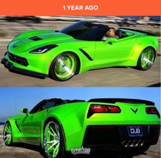 the green sports car is driving down the road with it's hood up and its lights on