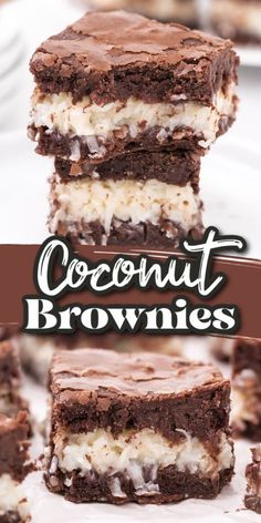 three chocolate brownies stacked on top of each other with the words coconut brownies