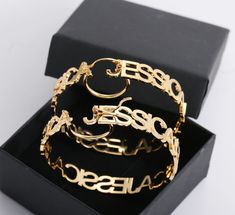 Create one of a kind hoop earrings with your personalized name or phrase. 18k yellow, white or rose gold available, maximum 12 letters for best results. Please allow up to 2 weeks for customization. Gold Aesthetic Jewelry, Earrings 2022, Bf Gifts, Alcohol Aesthetic, Name Earrings, Aesthetic Jewelry, Gold Aesthetic, Earring Trends, Manifestation Board