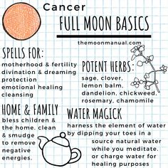 Cancer Full Moon Basics Spells for: motherhood, fertility, divination, dreaming, protection, emotional healing, cleansing. Potent herbs: sage, clover, lemon balm, dandelion, chickweed, rosemary, chamomile www.themoonmanual.com Full Moon Ritual, Wiccan Spell Book, Witch Spell Book