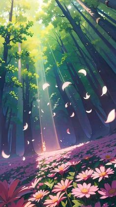 the sun shines brightly through the trees and flowers in this anime scene, with pink daisies on the ground