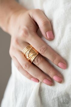 Row after row of glistening gold bars delicately crisscross and overlap across the finger, coalescing into faux layers across the finger. Features a stretchy band for a flexible fit. Sold as one individual ring. Gold Bars, Gold Rings Jewelry, Paparazzi Accessories, Rings Jewelry, Affordable Jewelry, Gold Bar, Paparazzi Jewelry, Passion For Fashion, Class Ring