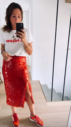 Sequin Skirt With Sneakers, Disco Club Outfit, Valentine’s Day Party Outfit, Red Sequin Skirt Outfit, Sequin Maxi Skirts, Sequence Skirt Outfit, Red Monochromatic Outfit, 80s Fashion Rocker