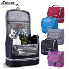 an open toiletry bag filled with personal care items in multiple colors and sizes, including black, grey, red, purple, blue