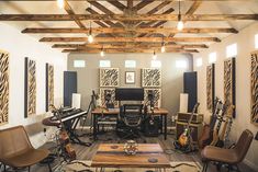 a living room filled with furniture and musical instruments