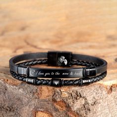 Welcome to BLACK EAGLE DESIGN! 3 Color Option # Black-Black Color and Black-Blue Color and Silver # Standard fast shipping Introducing our Steel Leather Bracelet,Bangle the perfect personalized gift for him! Whether you're searching for an anniversary gift for your husband, a custom gift for your boyfriend, or a thoughtful Christmas gift for men, this bracelet is sure to impress. But what really sets this bracelet apart is the opportunity to personalize it. Create a truly one-of-a-kind piece tha Personalized Black Leather Bracelet As Gift, Personalized Black Leather Bracelet Gift, Personalized Black Rectangular Bracelets, Adjustable Black Bracelets For Valentine's Day, Father's Day Gift Black Leather Bracelet, Black Leather Bracelet For Father's Day, Black Engraved Rectangular Leather Bracelet, Engraved Black Wristband As Gift, Father's Day Engraved Black Wristband