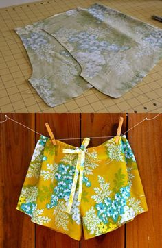 two pictures showing how to make shorts with fabric and sewing needles on the clothes line