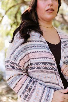 Stay cozy and stylish with our Brielle Cardigan. Its cream color and Aztec print will add a touch of happiness to your wardrobe. Made with a soft waffle knit, this cardigan will keep you warm and comfortable, whether you're out on the town or relaxing at home. Fits true to size. Model is wearing medium and is 5'8". Plus model is wearing 2X and is 5'7". Size Chart Length Bust S 30" 44" M 31" 48" L 31" 50" 1x 31" 52" 2x 32" 54" 3x 34" 56" *All measurements are approximate and done while hanging. B Casual Beige Jacquard Knit Cardigan, Cozy Jacquard Knit Cardigan, Trendy Cream Cardigan For Loungewear, Cozy Long Sleeve Jacquard Knit Cardigan, At Home Fits, Home Fits, Tiered Dresses, Plus Model, Summer Clearance