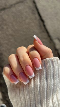 Acrylic Square Nails French Tip, Neutral Color French Tip Nails, French Nails Pink Base, Milly White Nails, Pinky Nude Nails, Classic Acrylics, Classy French Tip, Short Frenchies, Casual Nails