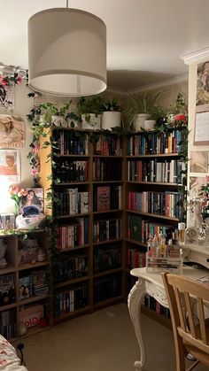 a room filled with lots of books and plants