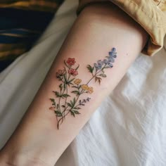 Wildflower Tattoo Sketch Set Dainty Floral Wrist Tattoo, Floral Tattoos On Dark Skin, Small Plant Tattoos For Women, Wildflower Tattoo Forearm, Wildflower Leg Tattoo, Tattoo Birth Flowers, Tattoo Arm Flower, Sampaguita Flower Tattoo, Fineline Floral Tattoo