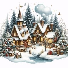 a christmas scene with houses and trees covered in snow