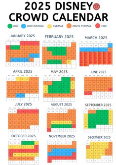 the disneyland crowd calendar is shown in orange, yellow and green colors with dates for each event