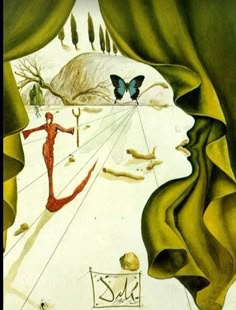 an image of a woman looking out the curtains at a butterfly flying over her head