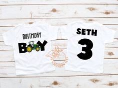 two birthday shirts with the number three and tractor on them, both in black and white