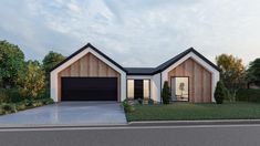 this is a computer rendering of a two story house with garages and large windows