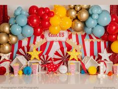 a circus themed birthday party with balloons and decorations