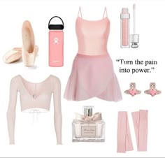 a woman's pink outfit and accessories including ballet shoes, perfume bottle, high heeled pumps, bracelets