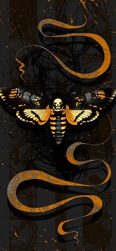 an orange and black poster with a butterfly on it's back side, in the middle of a dark background