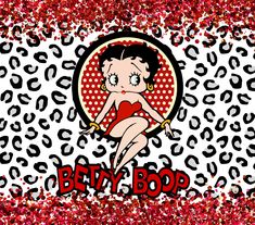 the betty boop logo is surrounded by red and black glitters, with an image of a woman in a bathing suit