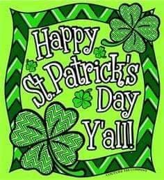 happy st patrick's day y'all with shamrocks and clover leaves on green background