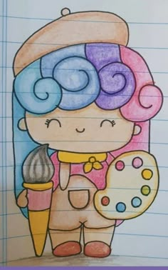 a drawing of a girl holding a cookie and an ice cream cone